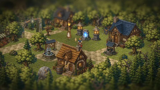 Cardhollow from above: cottages, lanterns and a fountain in the woods.