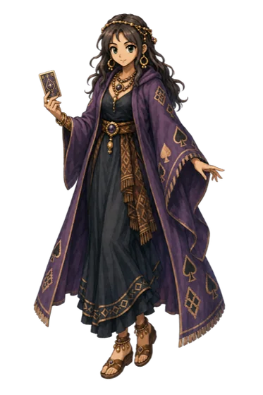 Sera, a card-reader in a violet robe, holding a card.