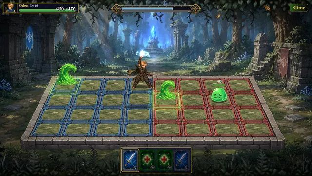 A battle on the grid against slimes, a forest behind.