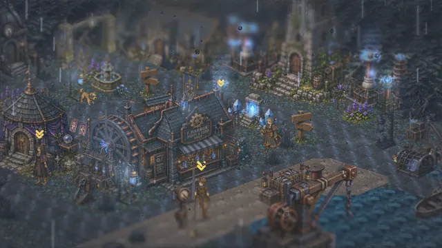 Stormcrest in the rain, a harbor town of lanterns and machinery.